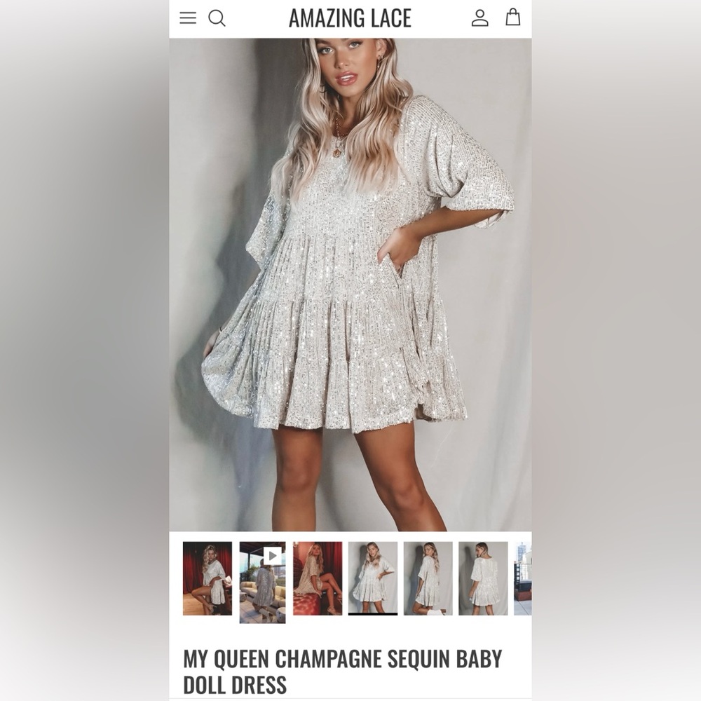 Amazing Lace Sequin Baby Doll Dress in Champagne